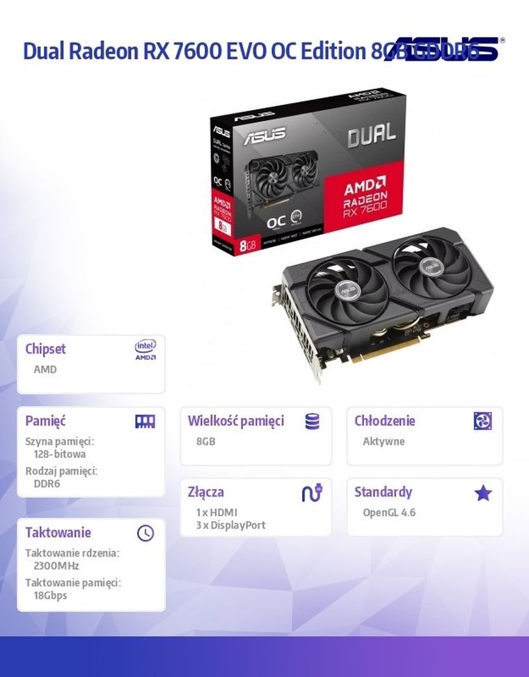 Asus, karta graficzna, Dual Radeon RX 7600 EVO OC Edition 8GB GDDR6