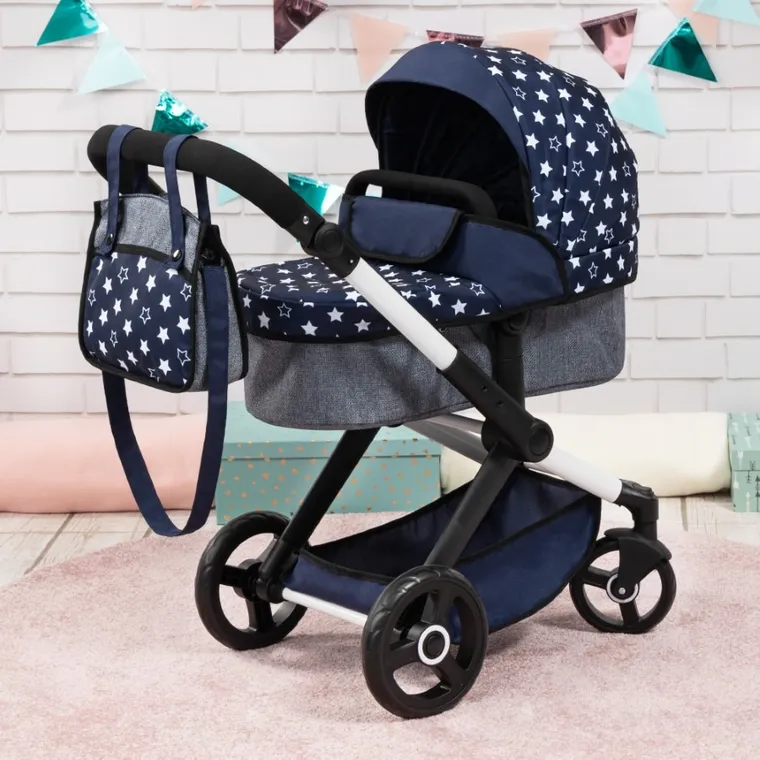 Bayer Design, Xeo Combi, głęboki wózek dla lalek z torbą, ciemnoniebieski z gwiazdkami