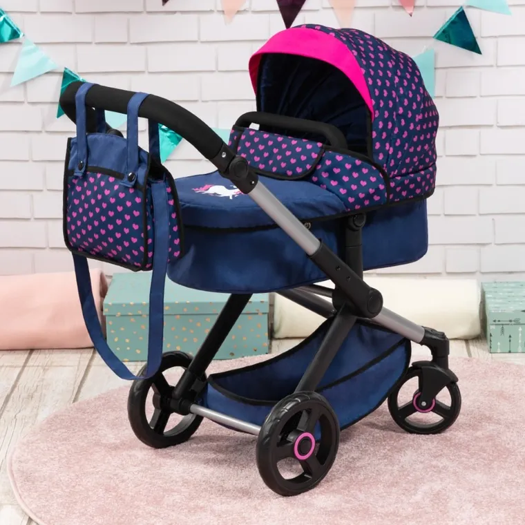 Bayer Design, Xeo Combi, głęboki wózek dla lalek z torbą, niebieski z jednorożcem
