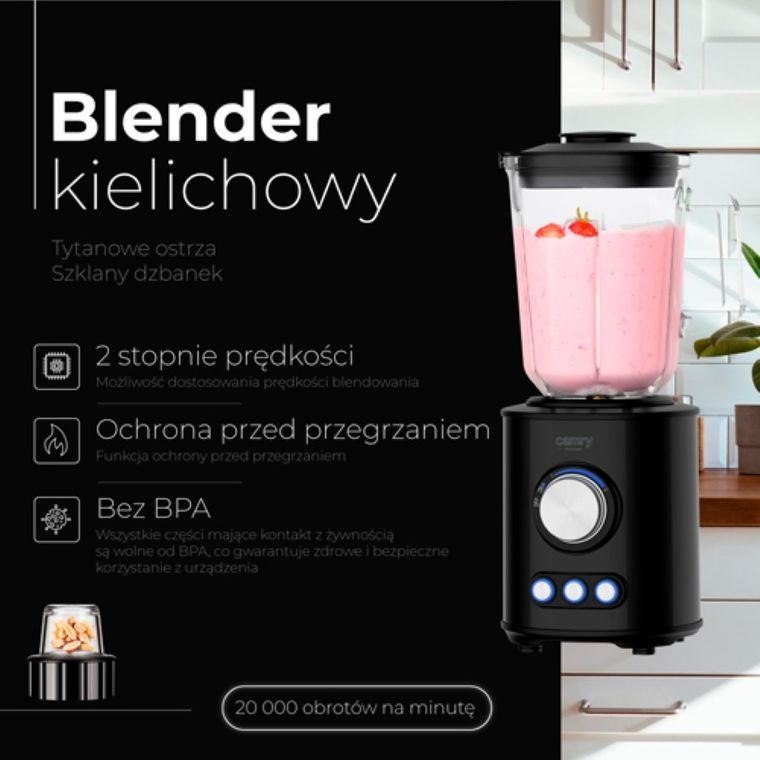 Camry, blender kielichowy, tytanowe ostrza, szklany dzbanek, 1,5l