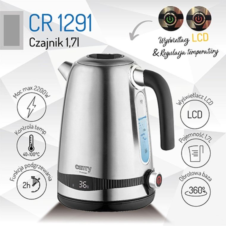 Camry, czajnik stalowy z LCD i regulacją temperatury, CR 1291, 1.7 l