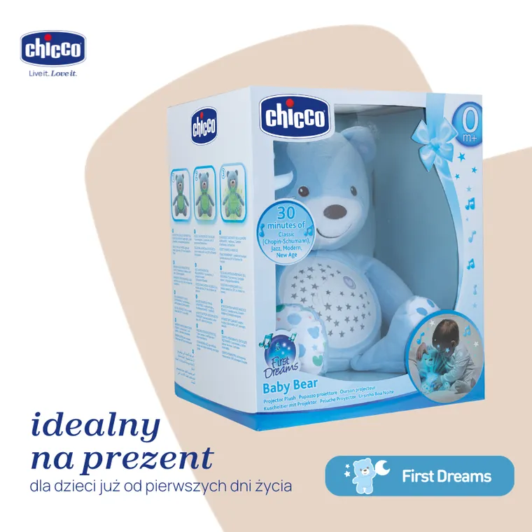 Chicco, First Dreams, Miś z Projektorem, maskotka, uspokajacz z dźwiękami, muzyka klasyczna, niebieski