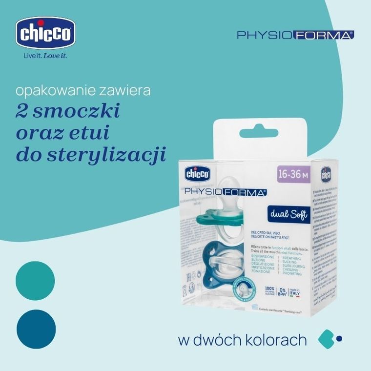 Chicco, PhysioForma Dual Soft, smoczek uspokajający, silikonowy, niebieski, 16-36m, 2 szt.