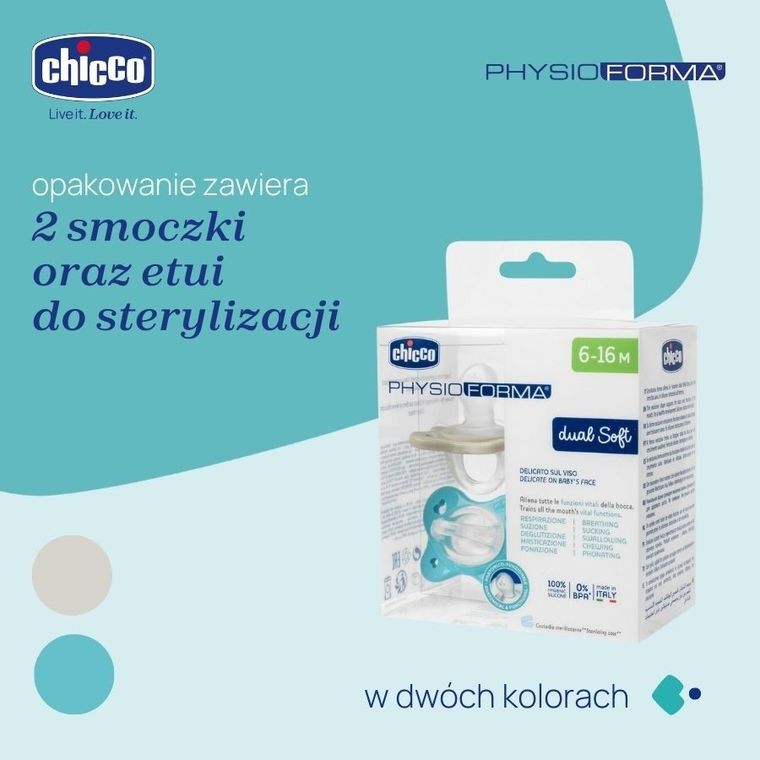 Chicco, PhysioForma Dual Soft, smoczek uspokajający, silikonowy, niebieski, 6-16m, 2 szt.