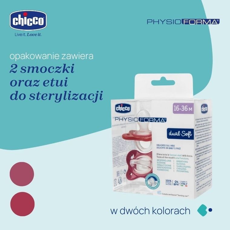 Chicco, PhysioForma Dual Soft, smoczek uspokajający, silikonowy, różowy, 16-36m, 2 szt.