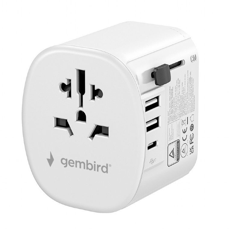 Gembird, adapter podróżny z uziemieniem, 15W, biały