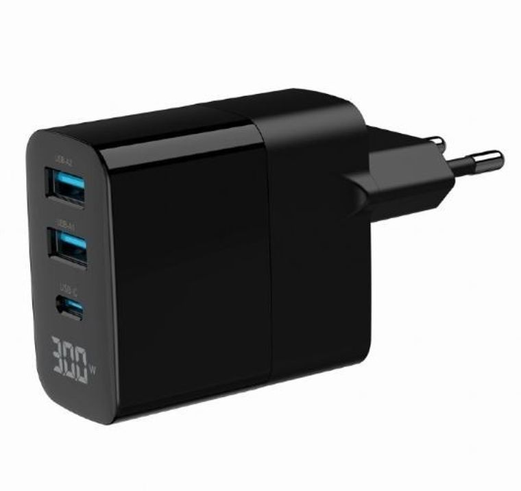 Gembird, szybka ładowarka sieciowa, 3-portowa, USB-A + USB TYP-C, 30W, LCD, czarna