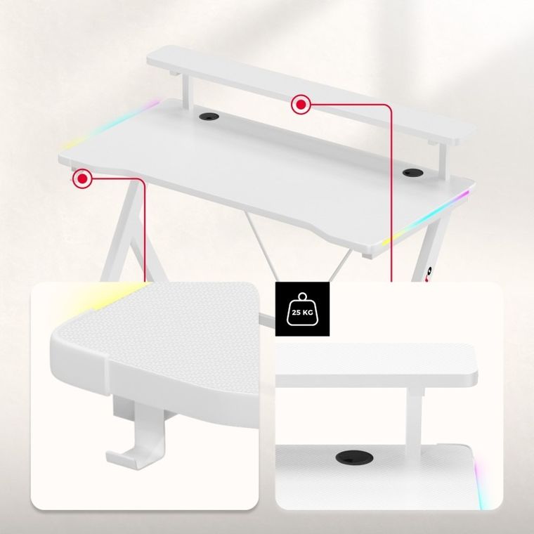 Huzaro, Hero 1.9, biurko gamingowe, białe, RGB, 120 cm