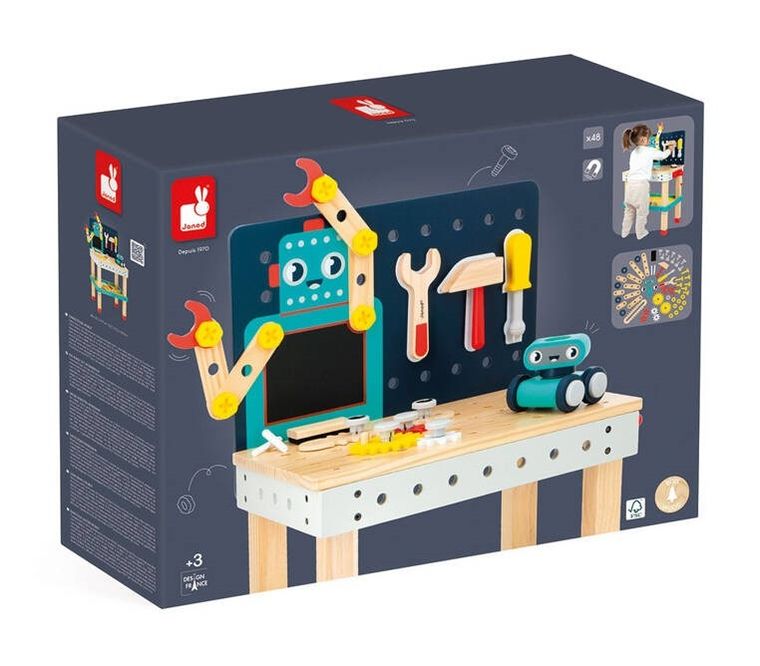 Janod, Brico ‘Kids, duży stolik, warsztat drewniany, magnetyczny, Robot