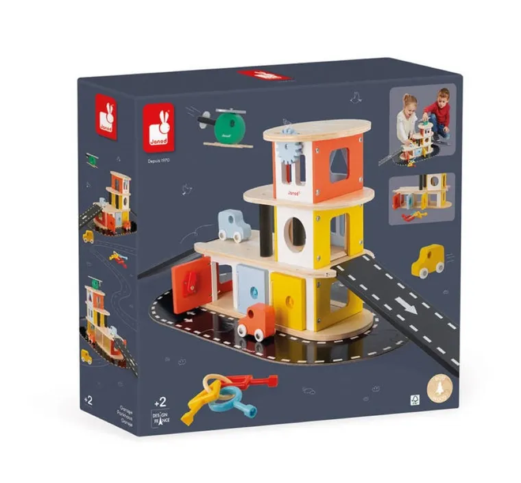 Janod, drewniany garaż piętrowy, zestaw z akcesoriami