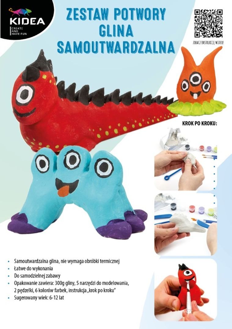 Kidea, glina samoutwardzalna, zestaw kreatywny, potwory