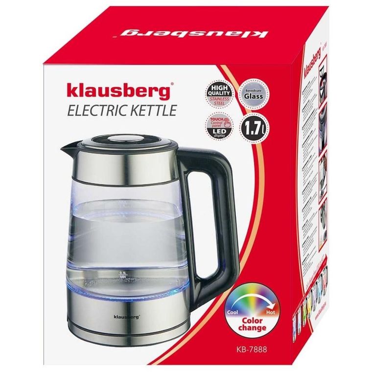 Klausberg, czajnik elektryczny, szklany, 1,7l, LED, RGB, KB-7888