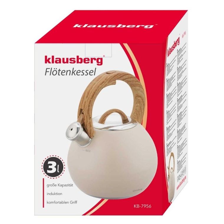 Klausberg, czajnik stalowy z gwizdkiem, beżowy mat, 3l, kb-7956