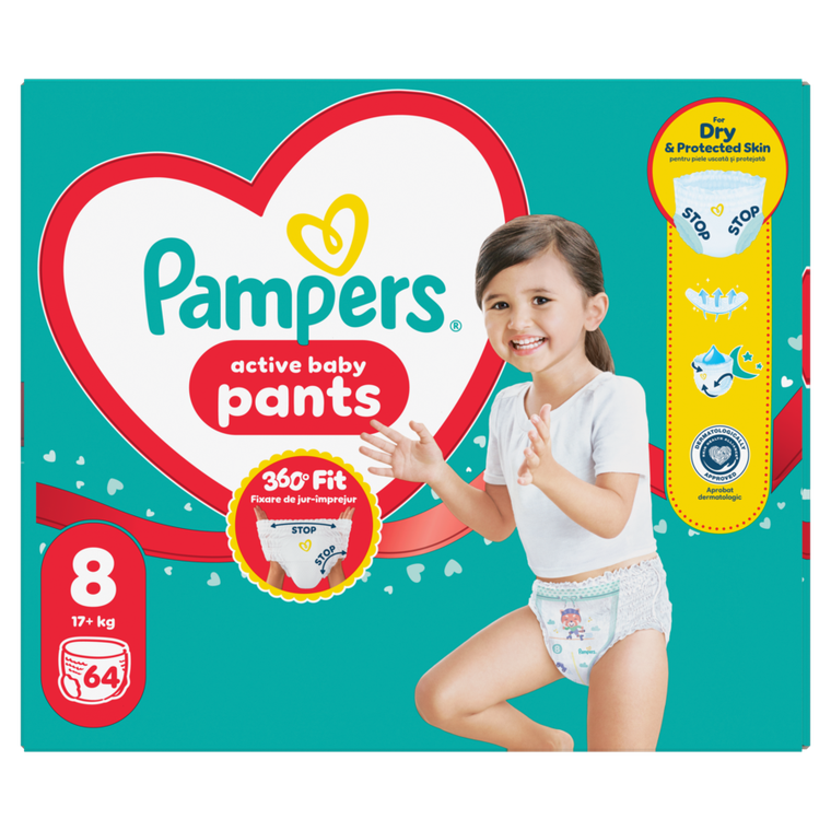 Pampers, Active Baby, pieluchomajtki, rozmiar 8, 17+ kg, 64 szt.