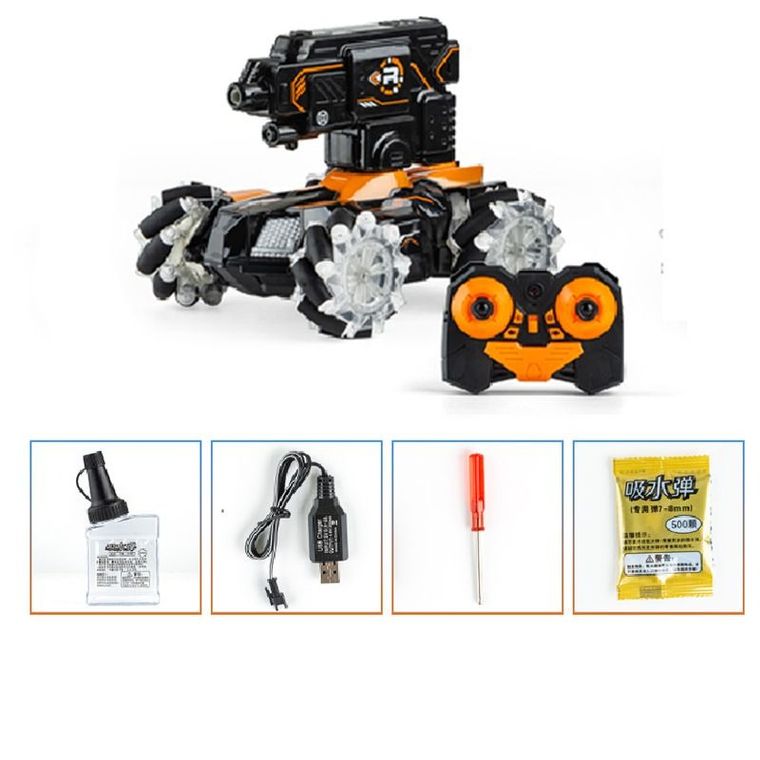 Pojazd zdalnie sterowany, strzelający kulami wodnymi, pomarańczowy