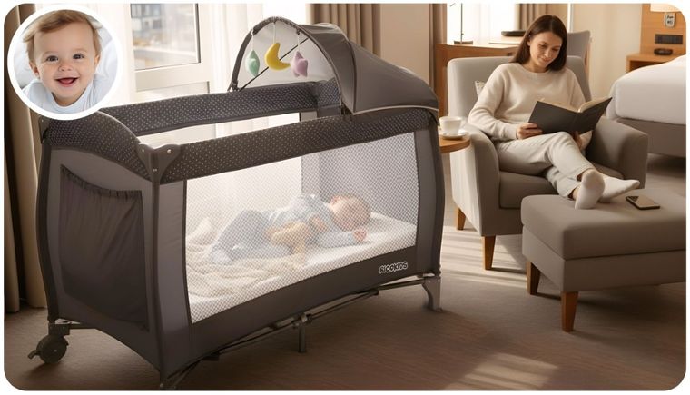 Ricokids, łóżeczko turystyczne z materacem i torbą, szare