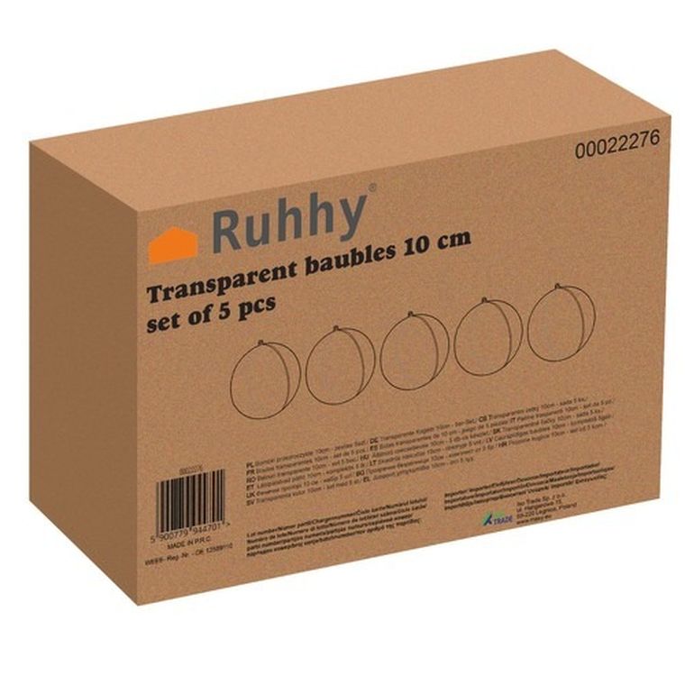 Ruhhy, bombki przezroczyste, 10 cm, 5 szt.
