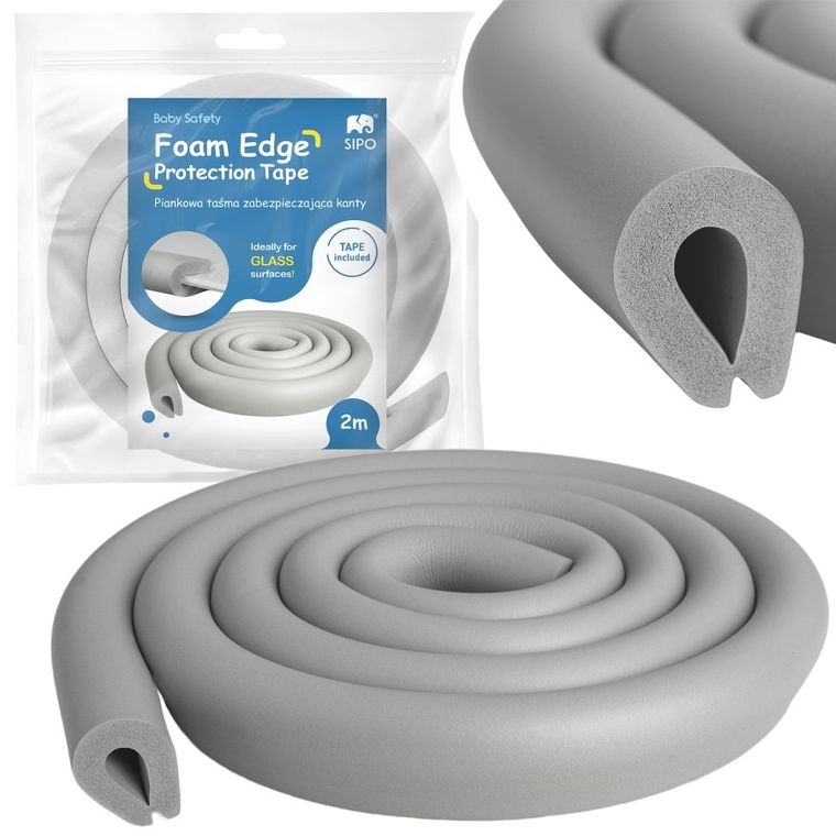 Sipo, piankowa taśma zabezpieczająca szklane krawędzie mebli, 2 metry, szara