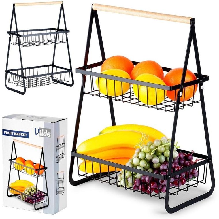Vilde, koszyk na owoce, metalowy, 2-poziomowy, czarny