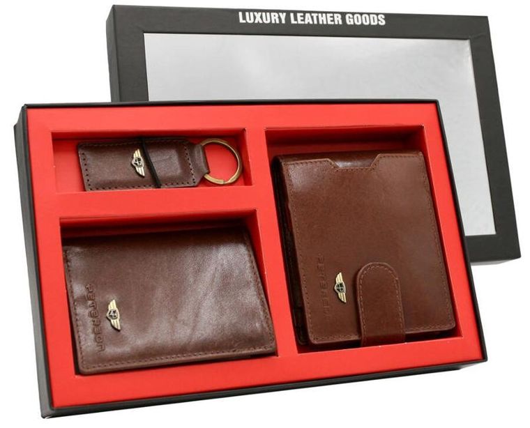 Zestaw: Portfel, Etui na karty, Brelok, RFID, brązowy, skórzany, Peterson