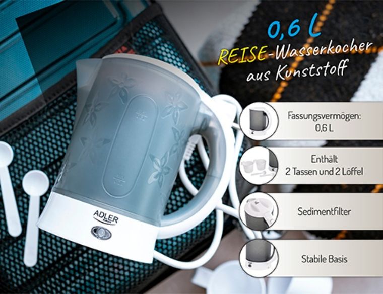 Adler, czajnik elektryczny, plastikowy, 0,6 l, 600W, AD 1268