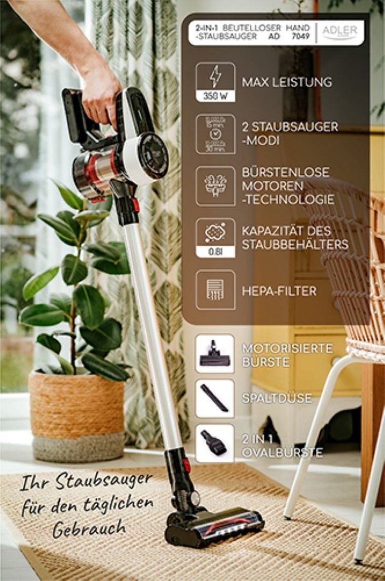 Adler, odkurzacz bezworkowy z bezszczotkową technologią silnika, AD 7048