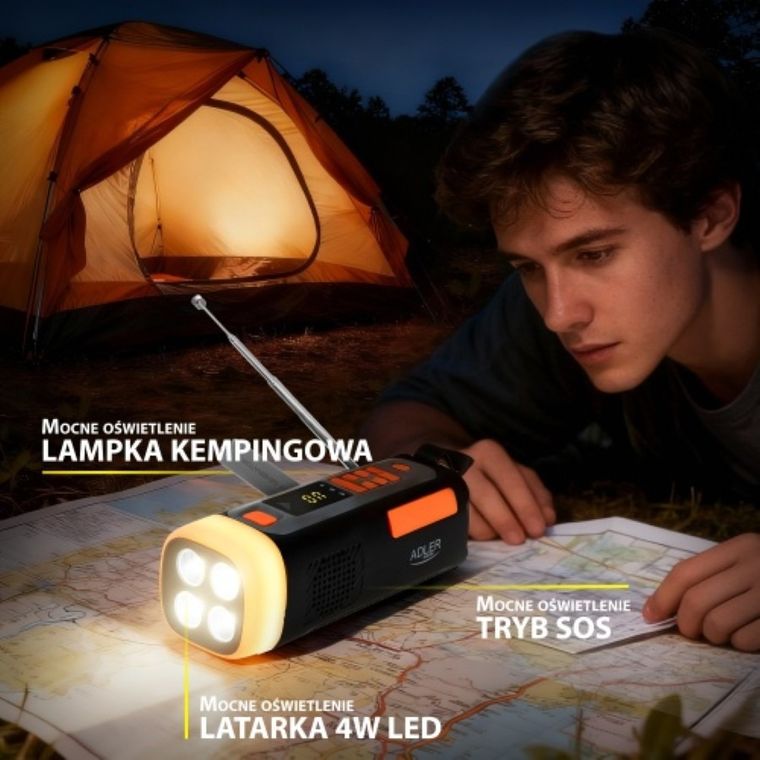 Adler, radio awaryjne, z panelem słonecznym, korbką, powerbankiem