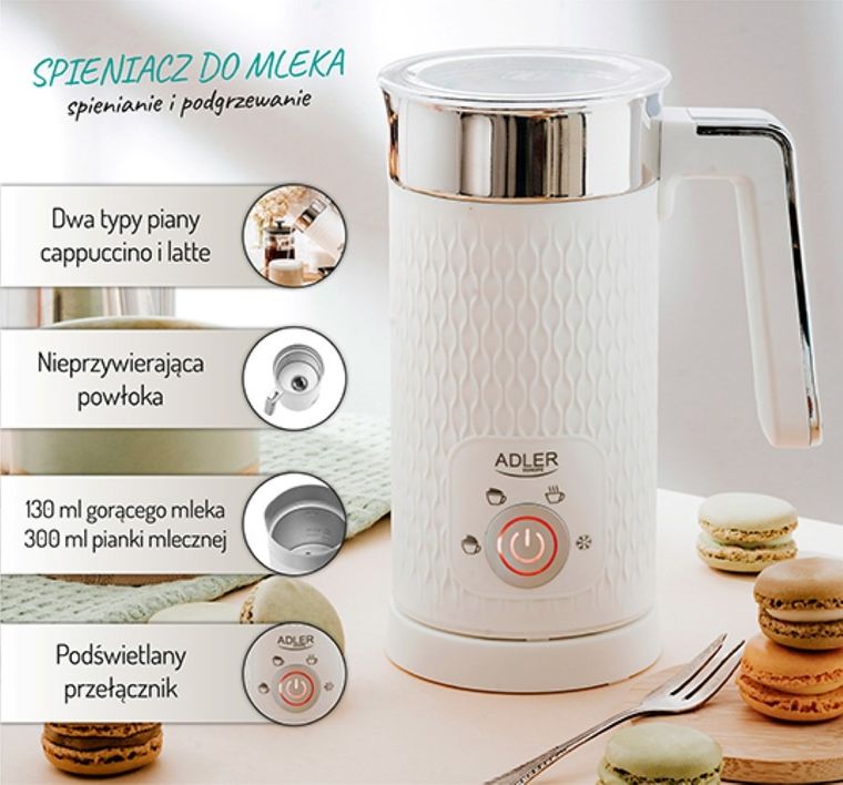 Adler, spieniacz do mleka 2w1, spienianie i podgrzewanie (latte i cappucino), AD 4494, biały