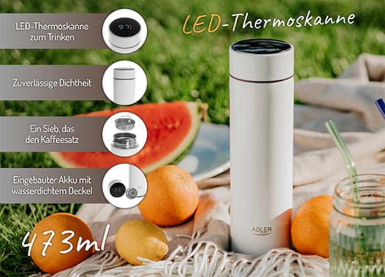 Adler, termos LED, biały, 473 ml