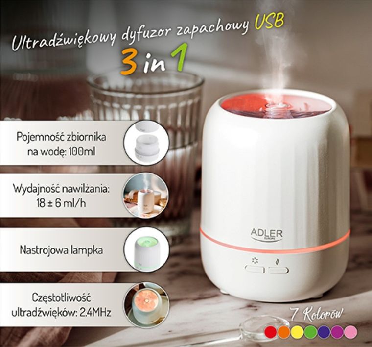 Adler, ultradźwiękowy dyfuzor zapachowy USB z kolorowym podświetleniem, 3w1, AD 7968