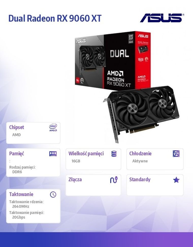 Asus, karta graficzna, Dual Radeon RX 9060 XT 16GB GDDR6 DUAL-RX9060XT-16G