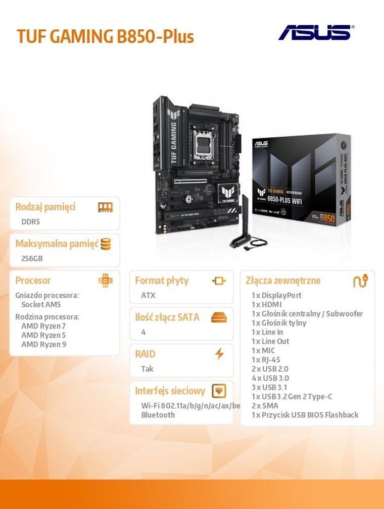 Asus, płyta główna, TUF GAMING B850 PLUS WI FI AM5 4DDR5 DP/HDMI ATX