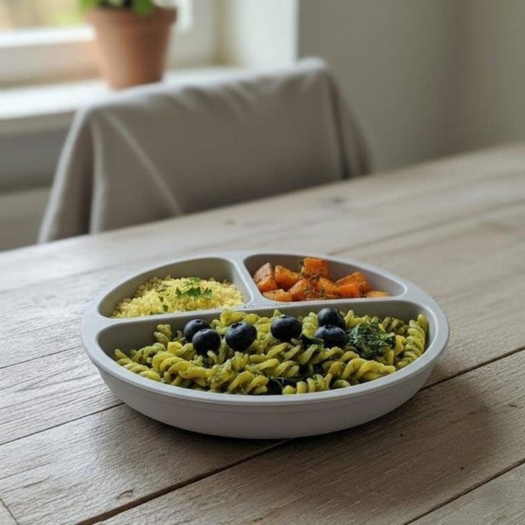 Bocioland, silikonowy talerzyk z przyssawkami i przegródkami, jasny szary