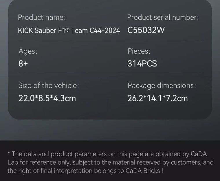 Cada, F1 Kick Sauber, pojazd, klocki konstrukcyjne, 314 elementów