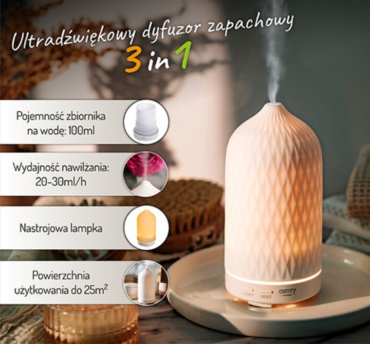 Camry, ultradźwiękowy dyfuzor zapachowy, 3w1, CR 7970, biały