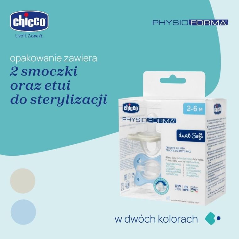 Chicco, PhysioForma Dual Soft, smoczek uspokajający, silikonowy, niebieski, 2-6m, 2 szt.