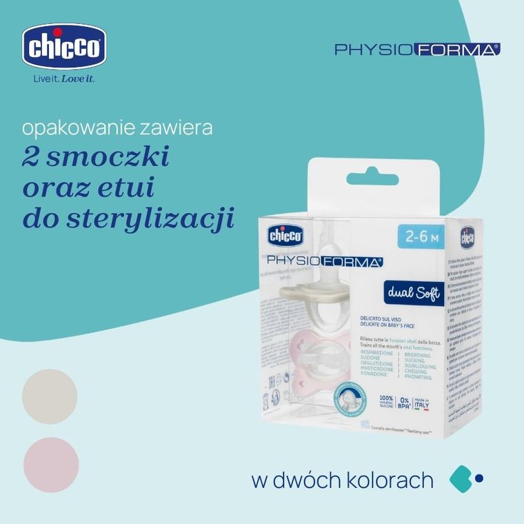 Chicco, PhysioForma Dual Soft, smoczek uspokajający, silikonowy, różowy, 2-6m, 2 szt.