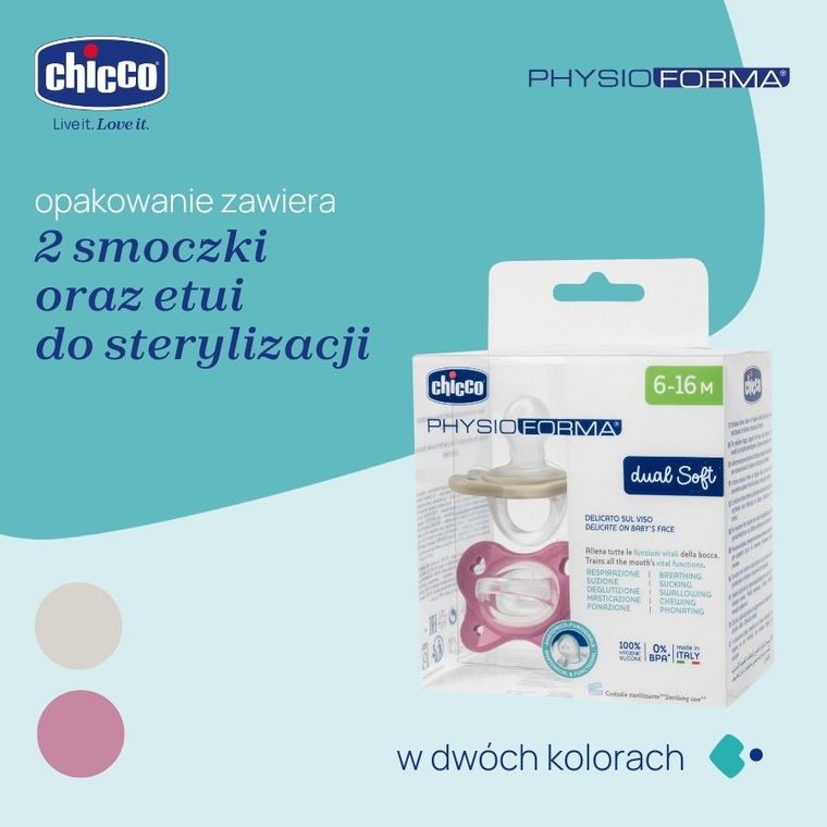 Chicco, PhysioForma Dual Soft, smoczek uspokajający, silikonowy, różowy, 6-16m, 2 szt.