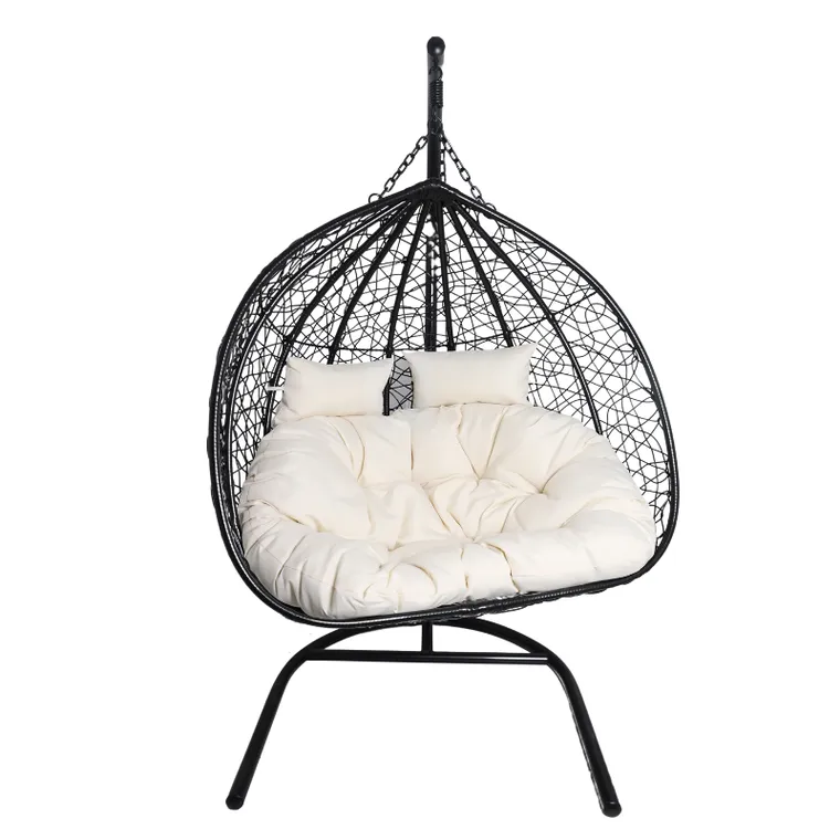 HaloFuture, fotel wiszący, dwuosobowy, kokon, czarny, beżowa poduszka