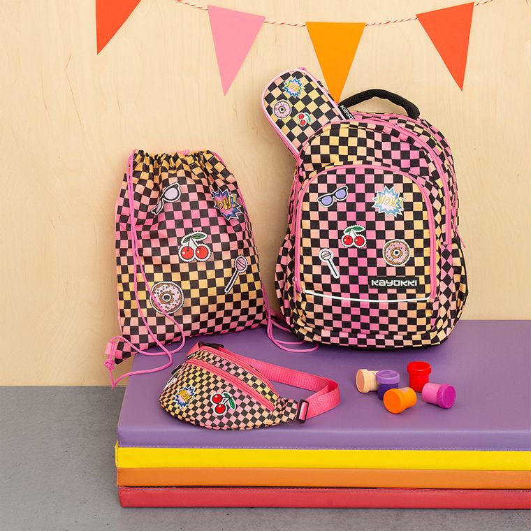 Kayokki, plecak szkolny, 2-komorowy, Szachownica różowo-pomarańczowa