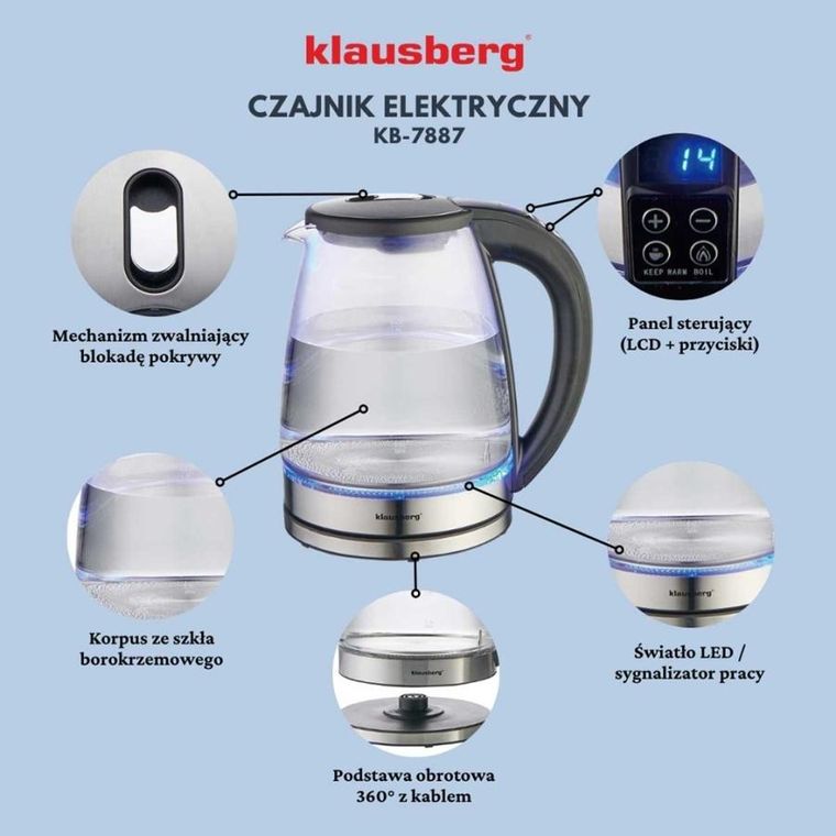 Klausberg, czajnik elektryczny szklany LED rgb, 1,8l