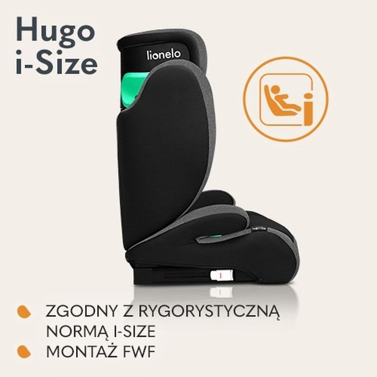 Lionelo, Hugo, I-size, fotelik samochodowy, Black Grey, 100-150 cm