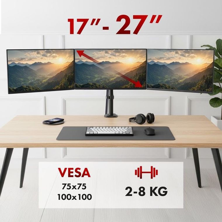 Maclean, uchwyt ns 3 monitory, sprężyna gazowa, 17"-27", 2-8 kg, czarny, MC-137