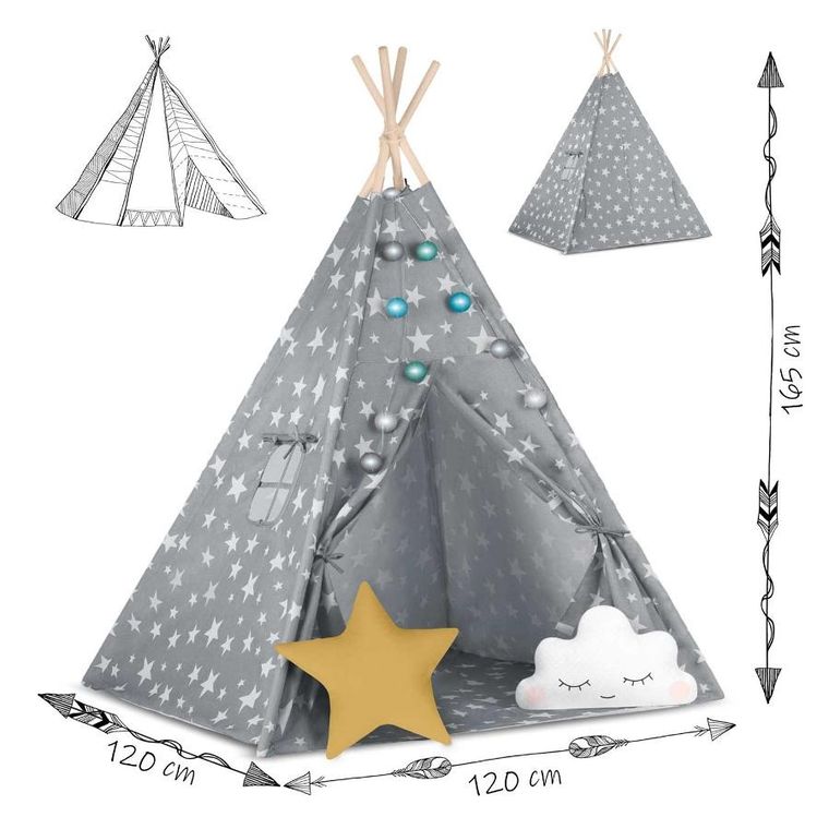 Nukido, namiot tipi dla dzieci ze światełkami, szary w gwiazdki