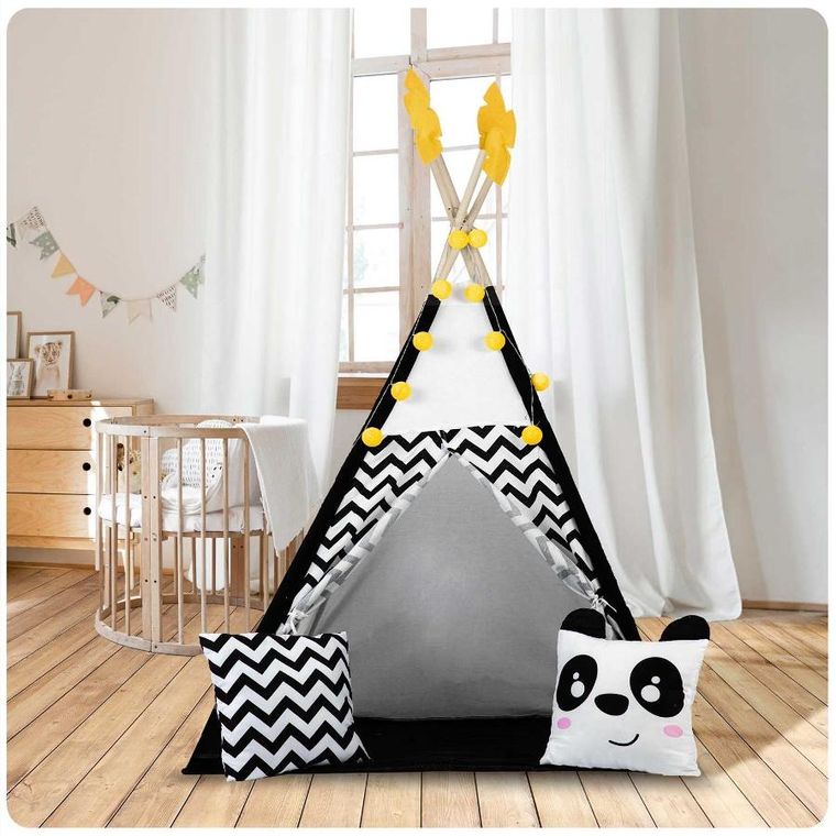 Nukido, namiot tipi z girlandą i światełkami, biało czarny z pandą