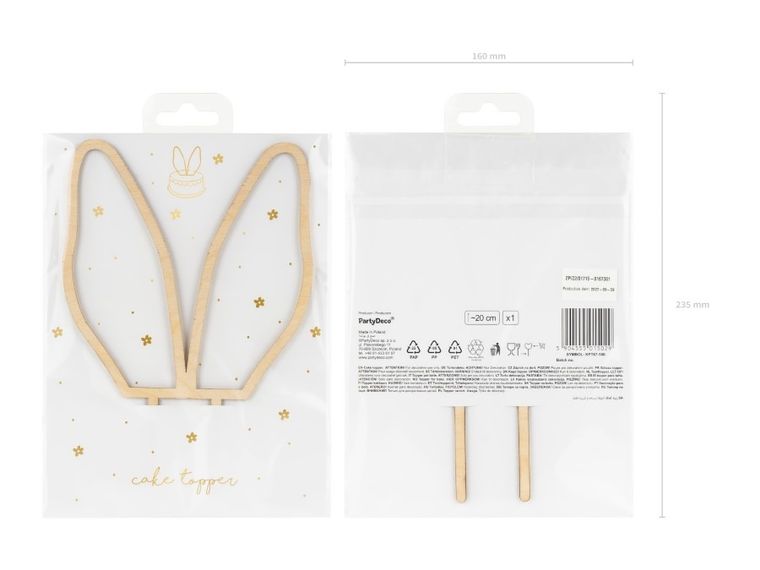 PartyDeco, Uszy Królika, drewniany topper, 20 cm