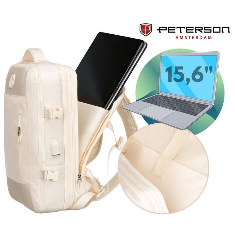 Peterson, plecak podróżny z siatkowaną przegrodą i paskami kompresyjnymi, ecru