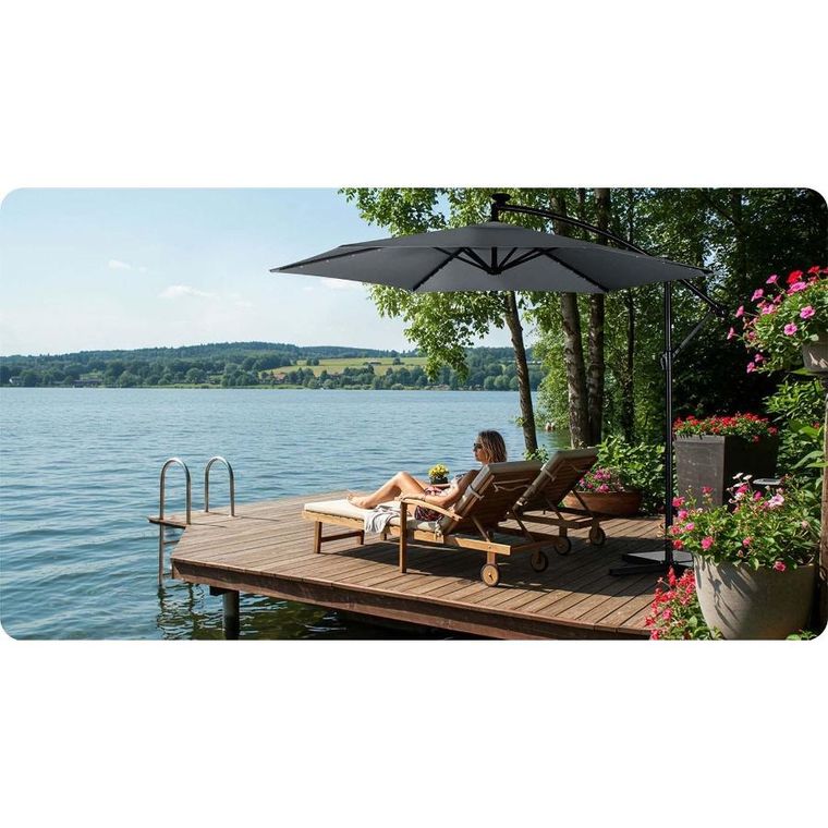 Plonos, parasol ogrodowy, składany, 6 segmentowy, z pokrowcem, 350 cm i lampkami, PL-882