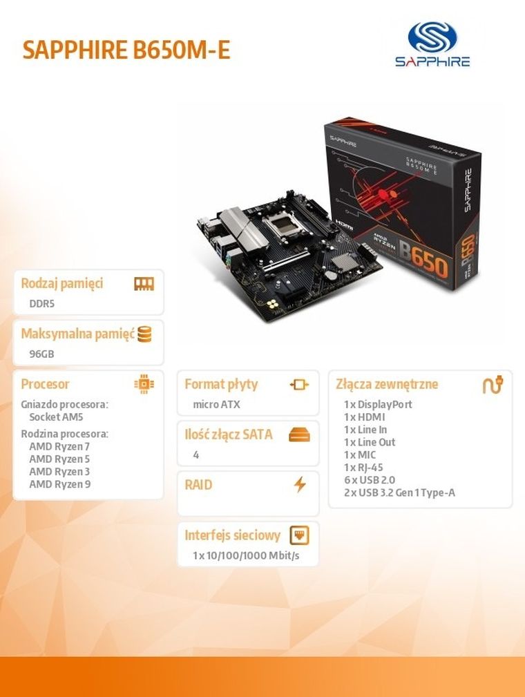 Sapphire Technology, płyta główna, B650M-E AM5, 2DDR5 mATX