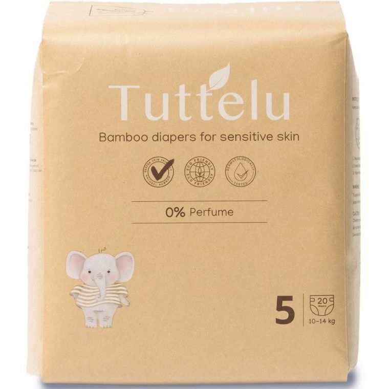 Tuttelu, bambusowe pieluszki jednorazowe, rozmiar 5, 10-14 kg, 20 szt.
